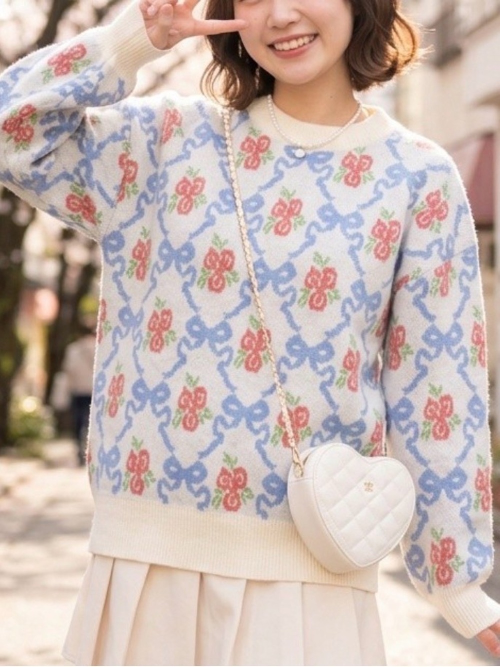 Listicle Cream Sweater, Bow & Flower Pattern